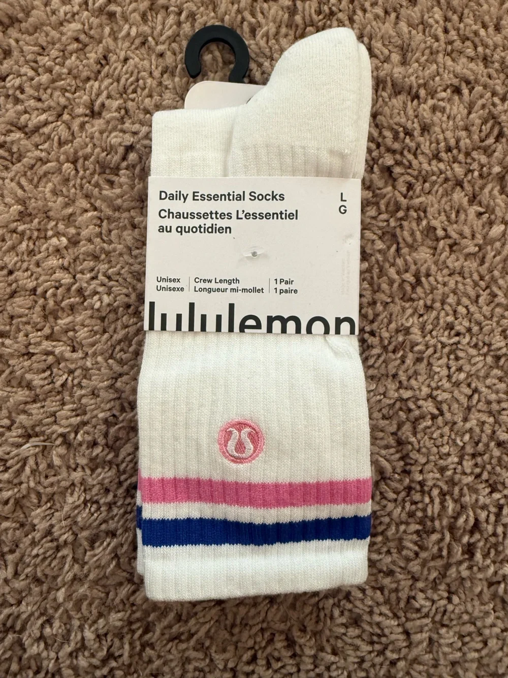 lululemon athletica White Crew Socks with Pink & Blue Stripes